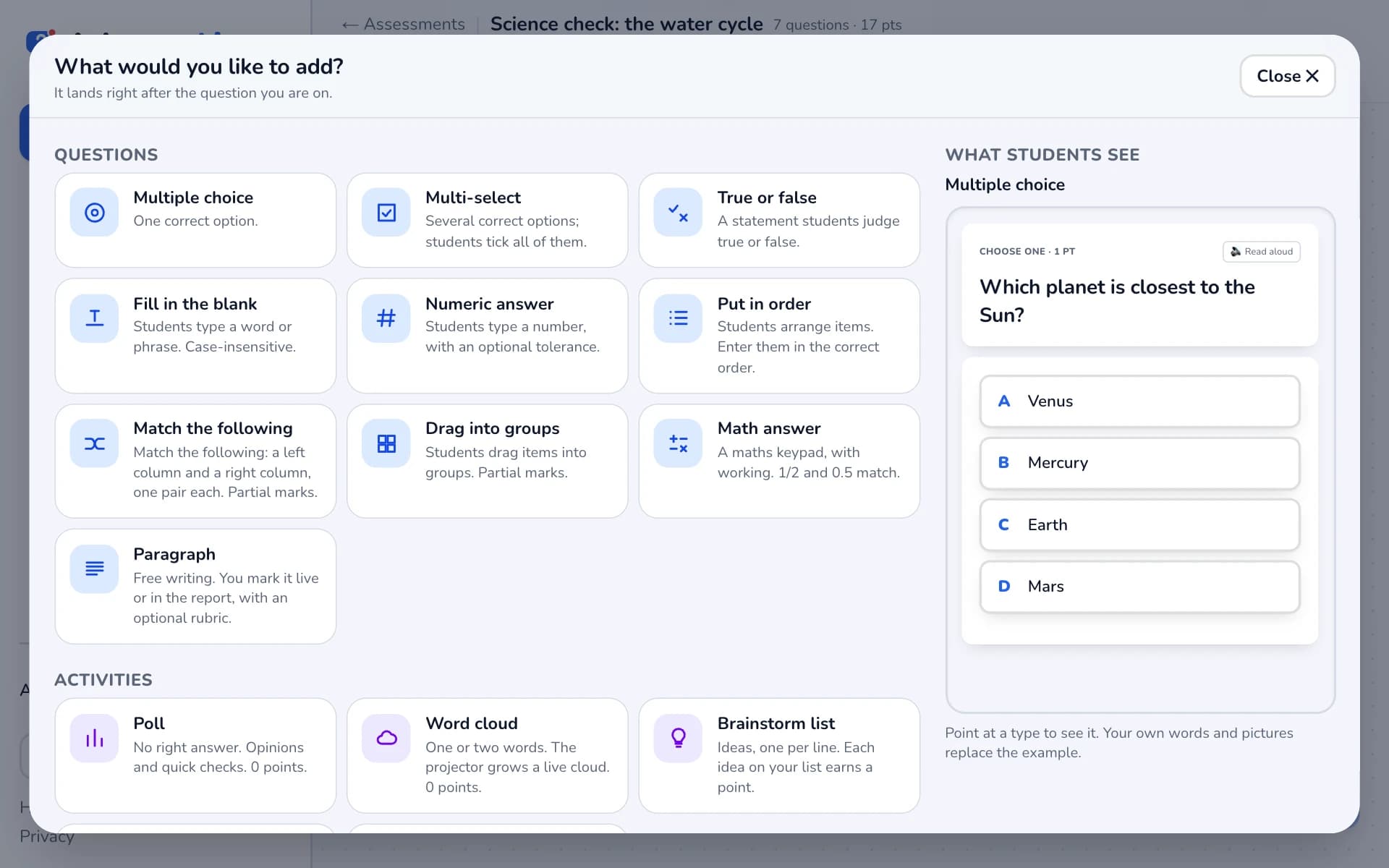 The Add menu with question types and a student preview