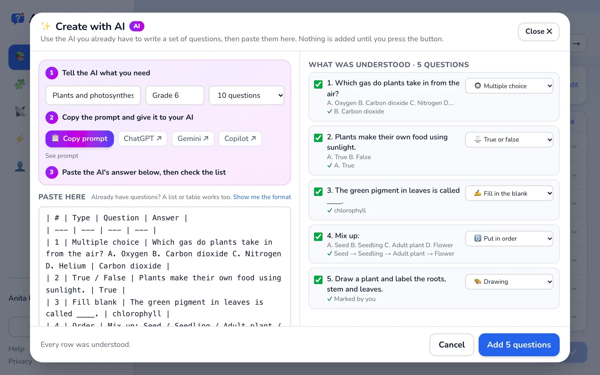 The Create with AI window with the topic filled in and questions understood