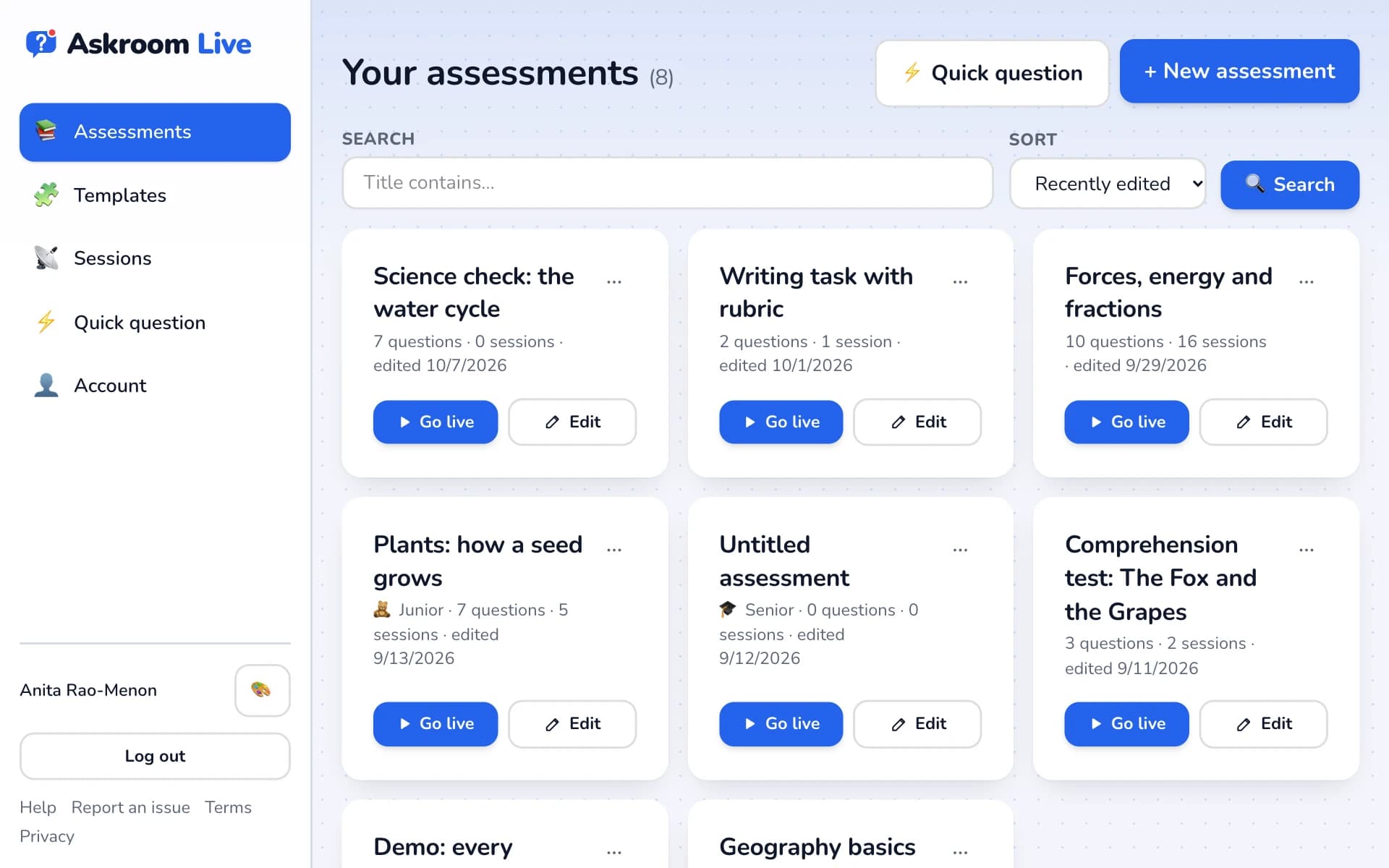 The teacher dashboard with assessments