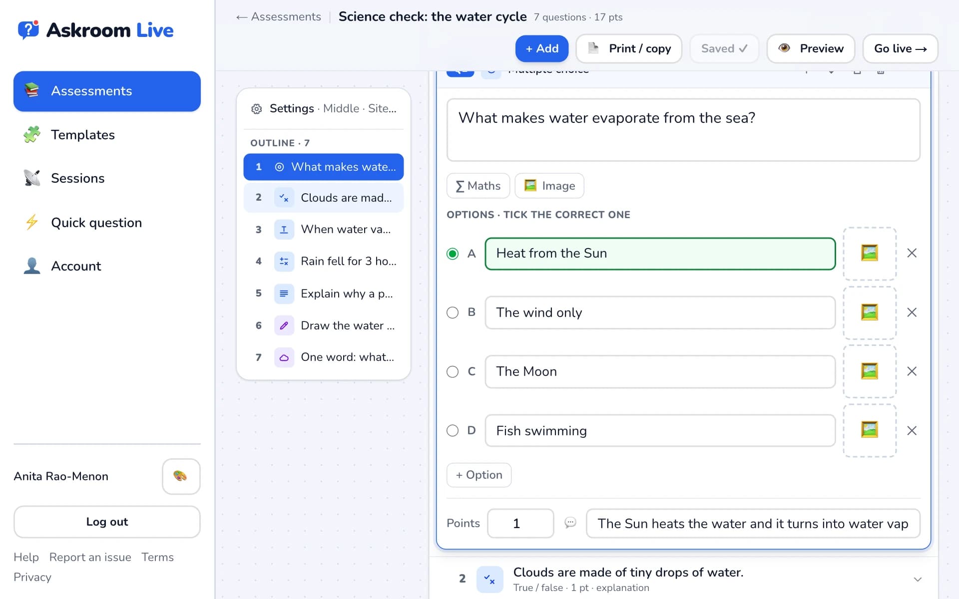 The assessment editor with questions