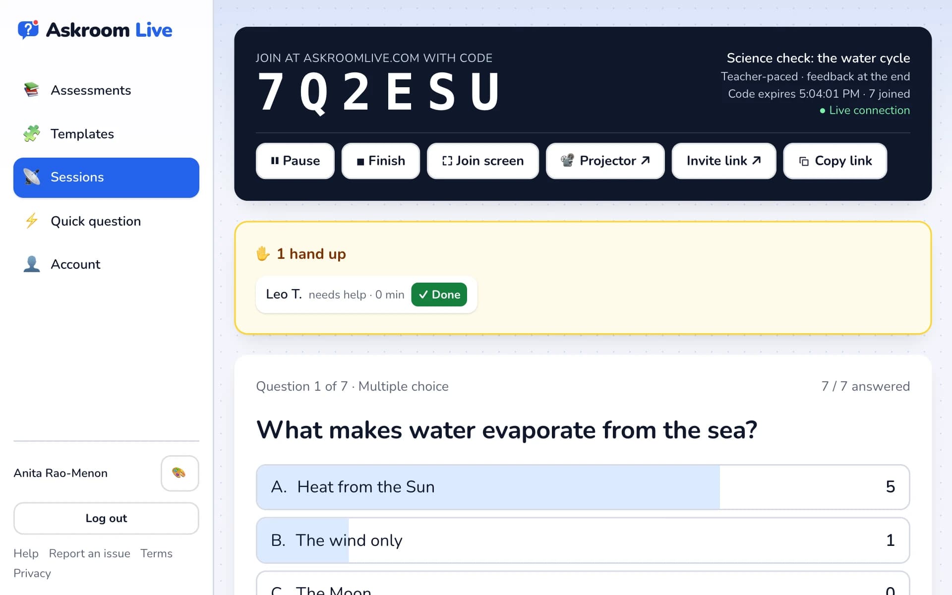 Live answers on the teacher screen