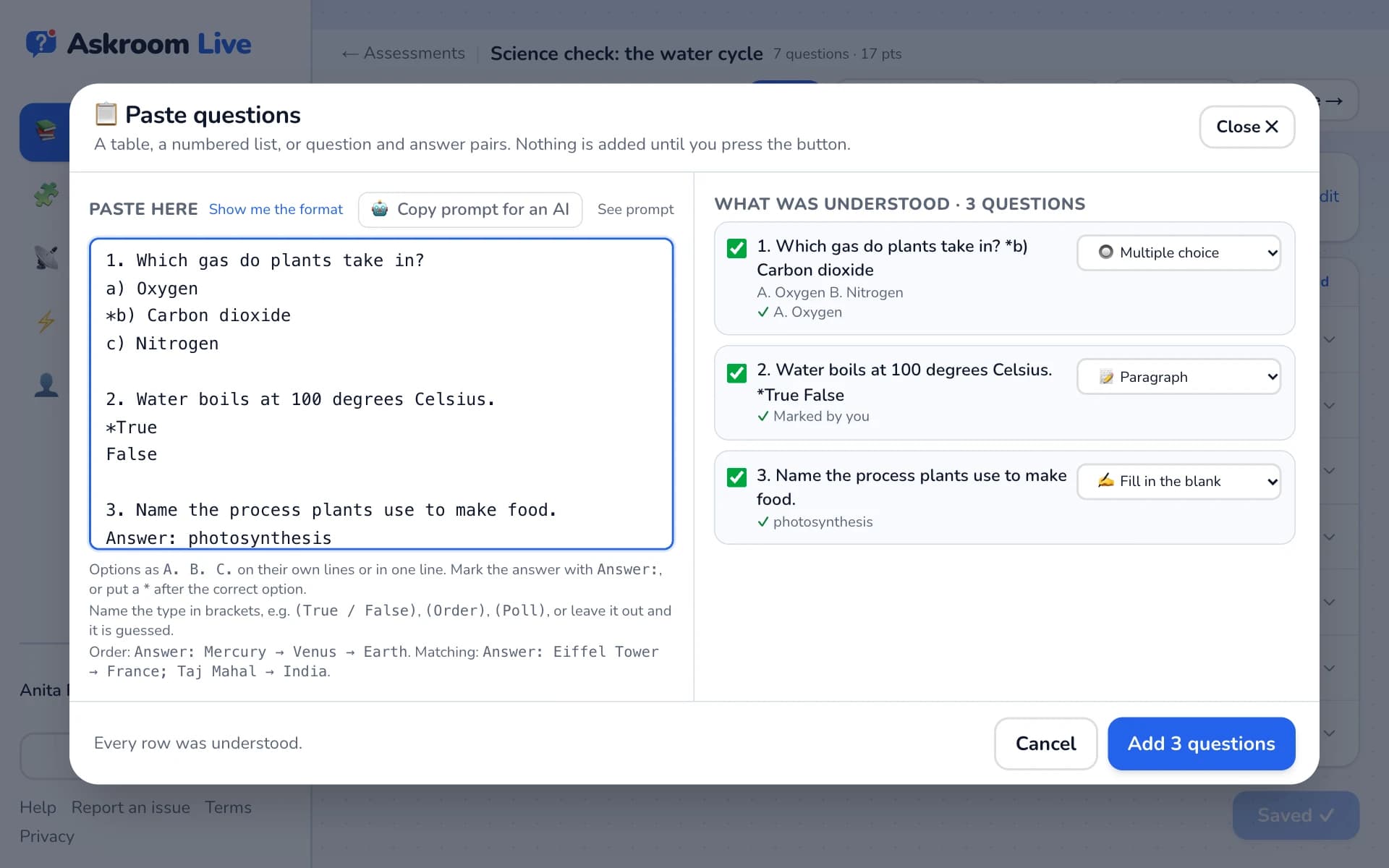 The Paste questions window