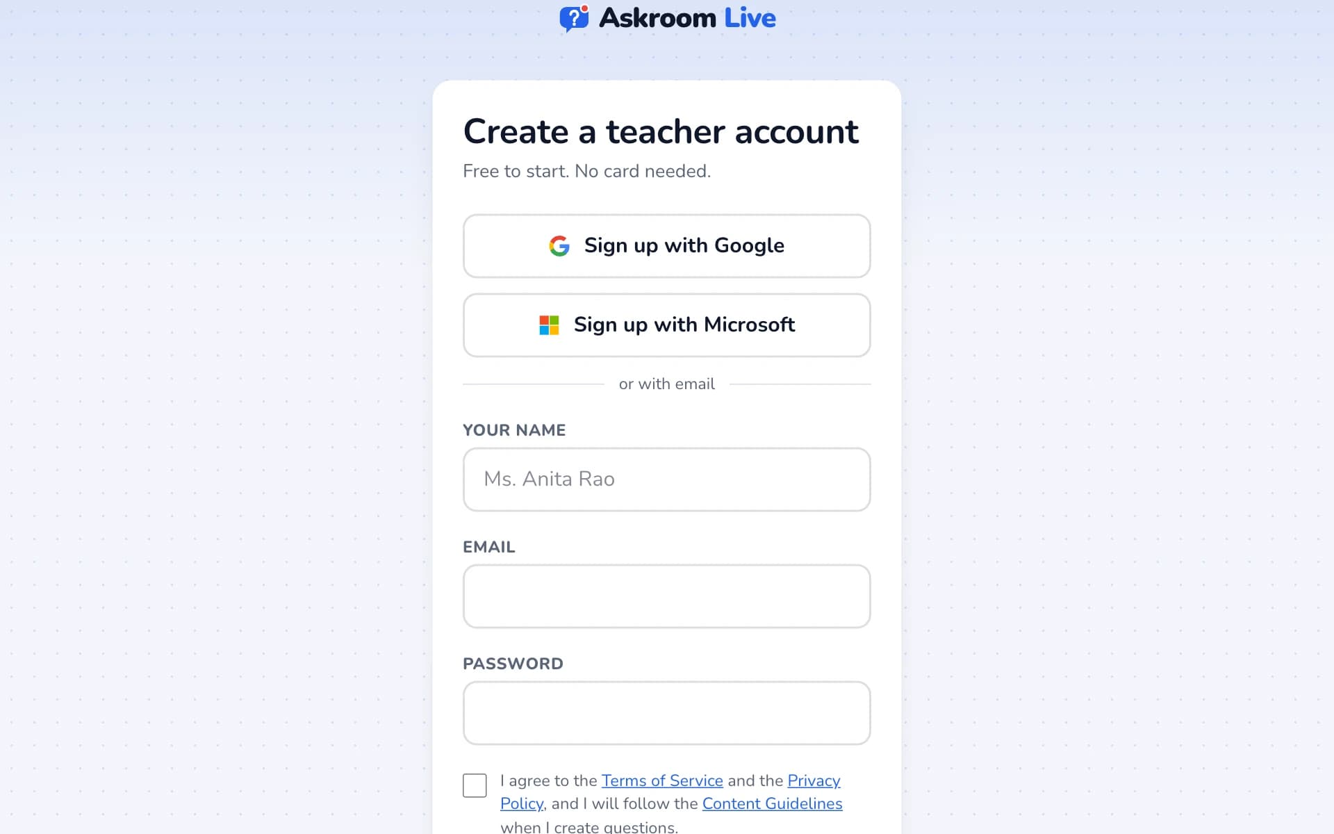 The Create a teacher account page