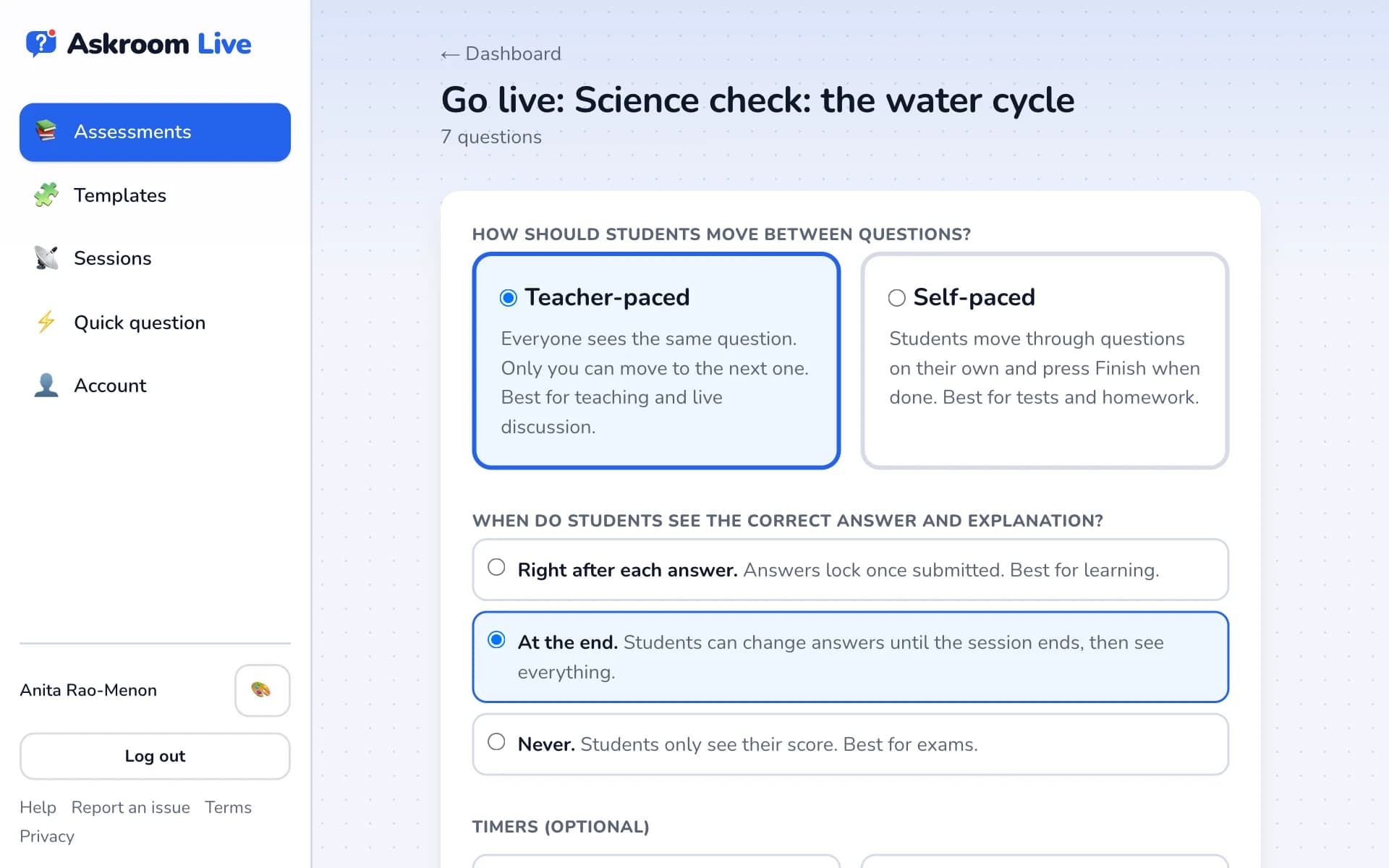 The Go live settings page