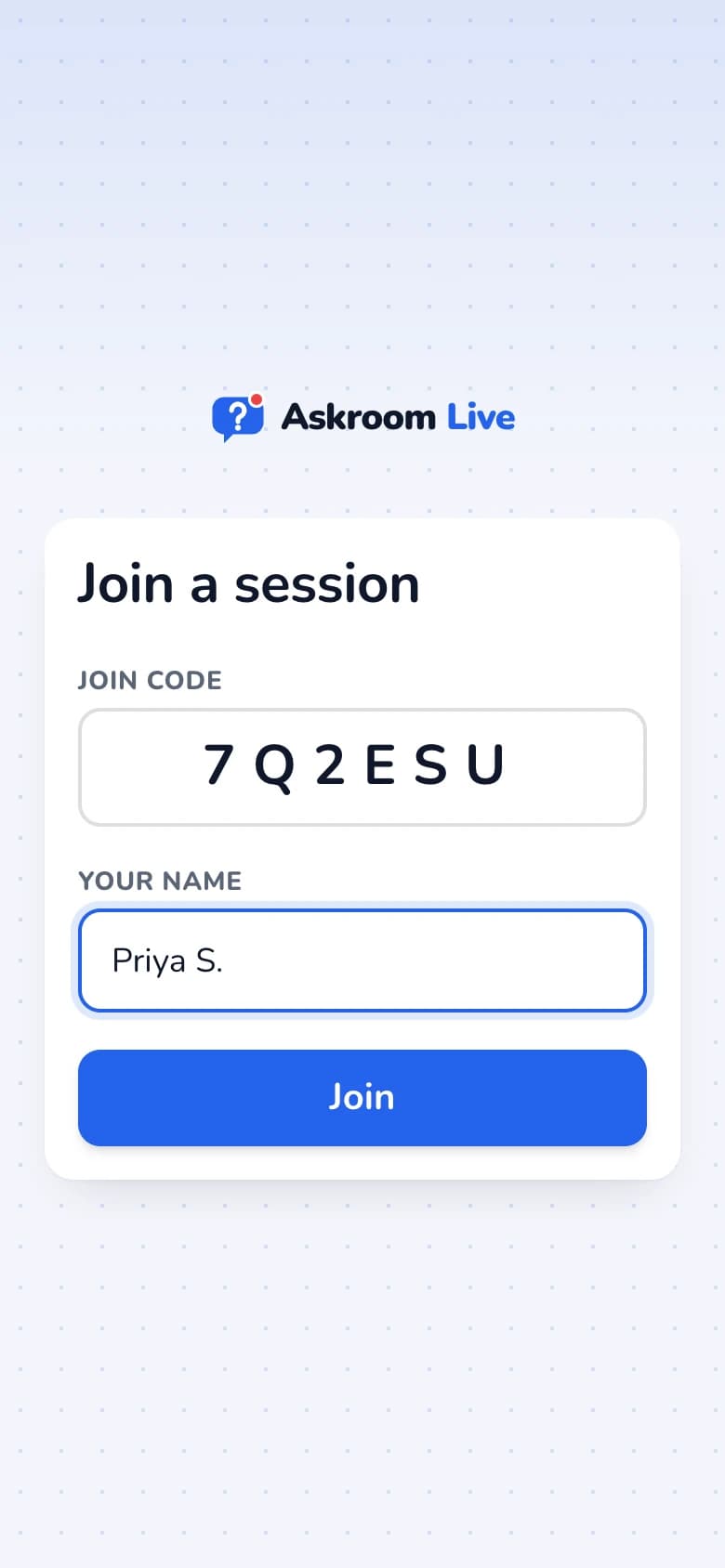 The join page on a phone