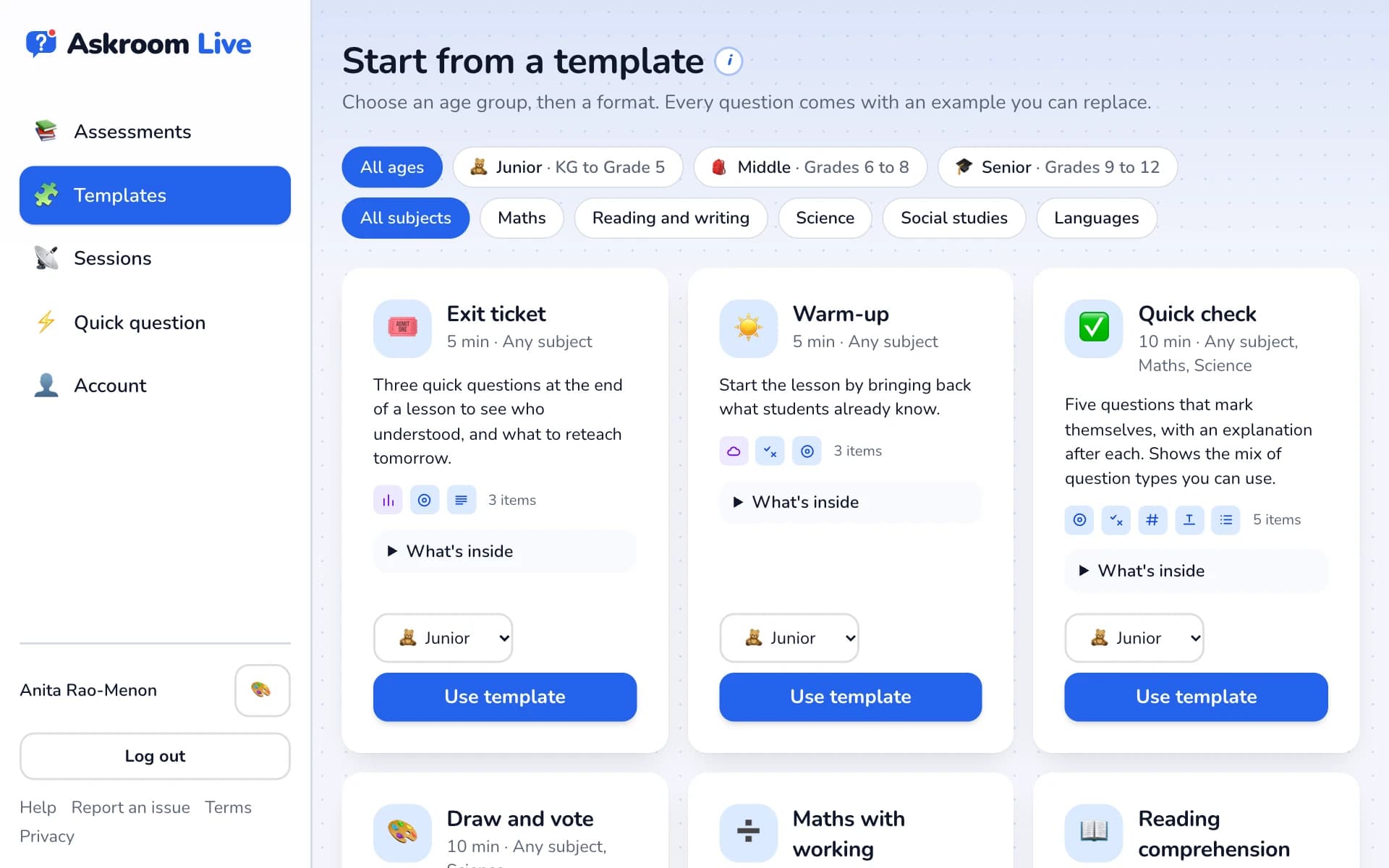 The templates page