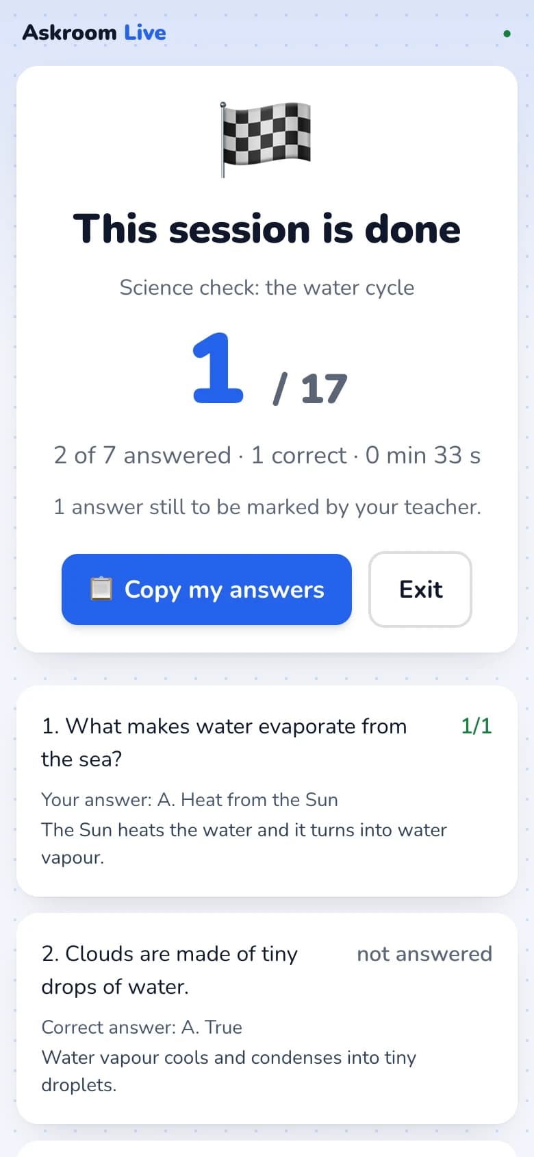 The results screen on a phone